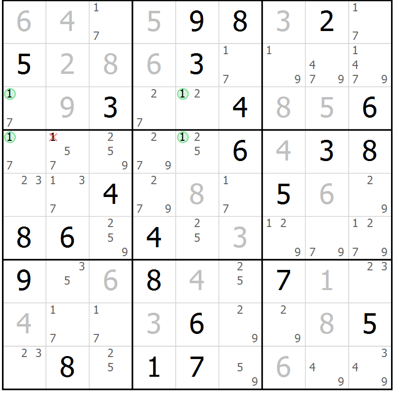 Position des candidats pour la solution de la Gr 73 page 76 du magazine de sudoku Virtuose n° 126