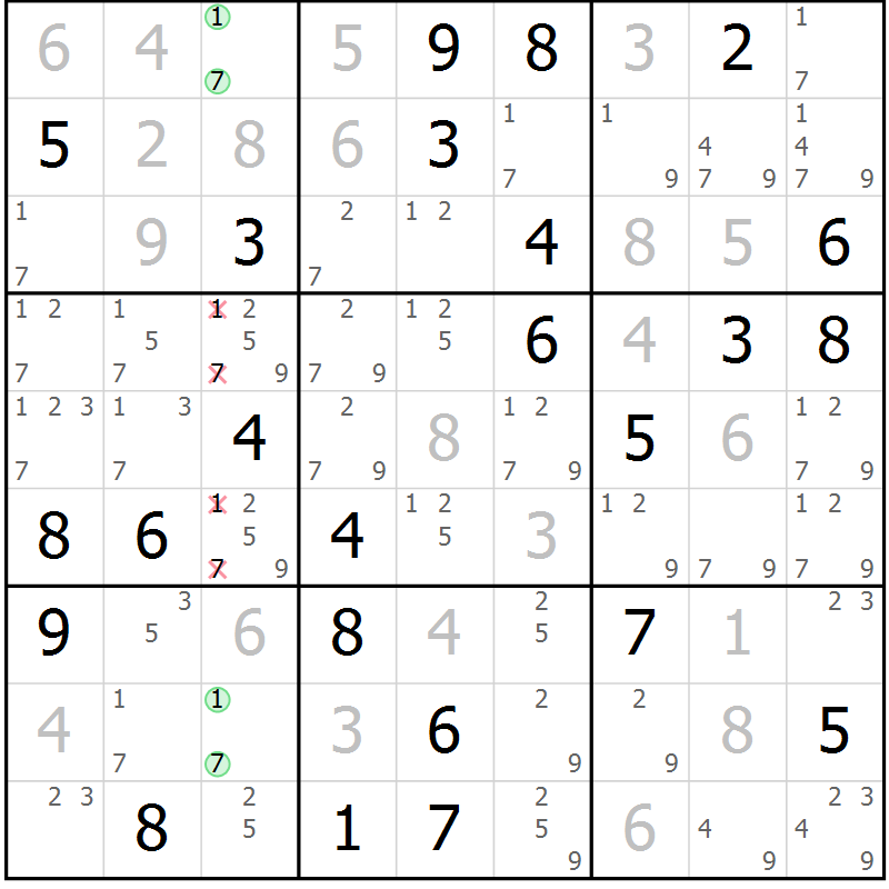 Position des candidats pour la solution de la Gr 73 page 76 du magazine de sudoku Virtuose n° 126