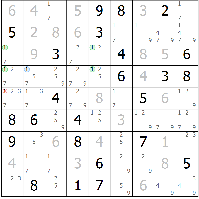 Position des candidats pour la solution de la Gr 73 page 76 du magazine de sudoku Virtuose n° 126
