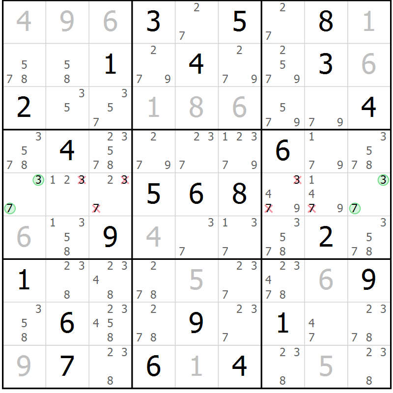 Position des candidats pour la solution de la Gr 74 page 77 du magazine de sudoku Virtuose n° 126