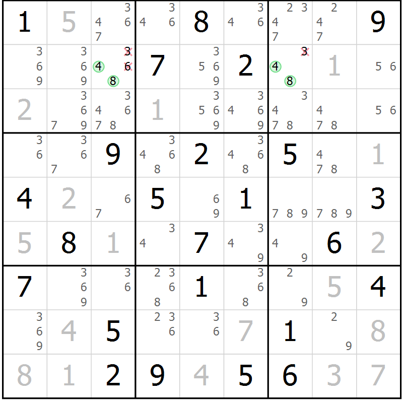 Position des candidats pour la solution de la Gr 75 page 78 du magazine de sudoku Virtuose n° 126