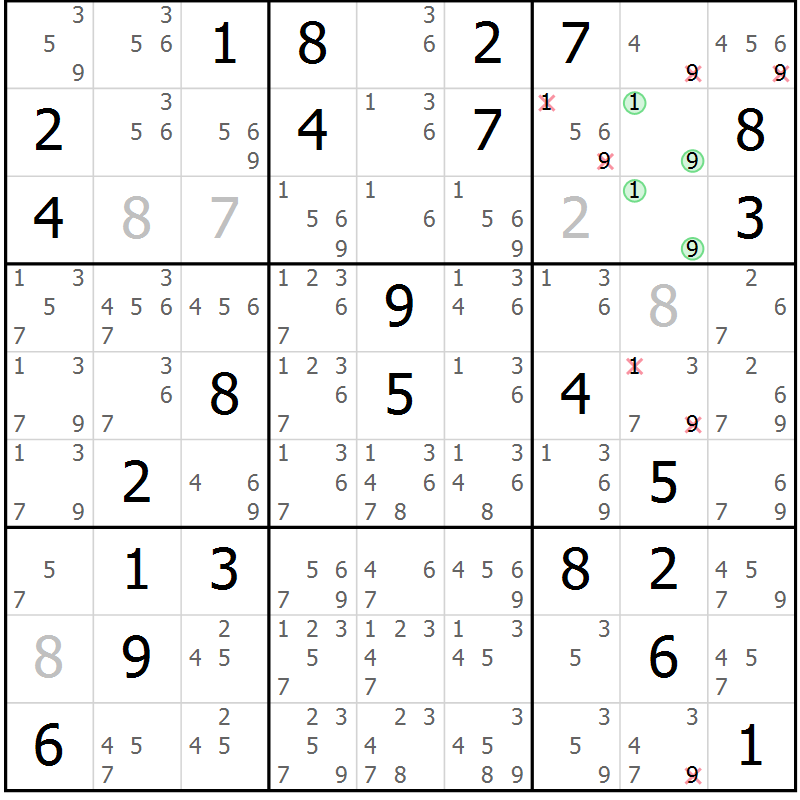 Position des candidats pour la solution de la Gr 76 page 79 du magazine de sudoku Virtuose n° 126