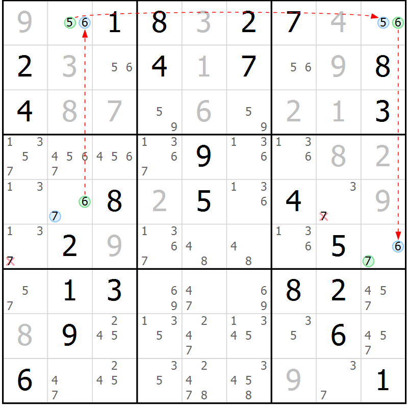 Position des candidats pour la solution de la Gr 76 page 79 du magazine de sudoku Virtuose n° 126