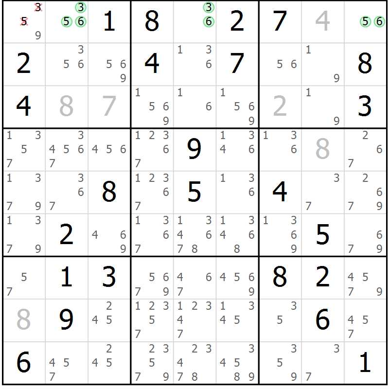 Position des candidats pour la solution de la Gr 76 page 79 du magazine de sudoku Virtuose n° 126