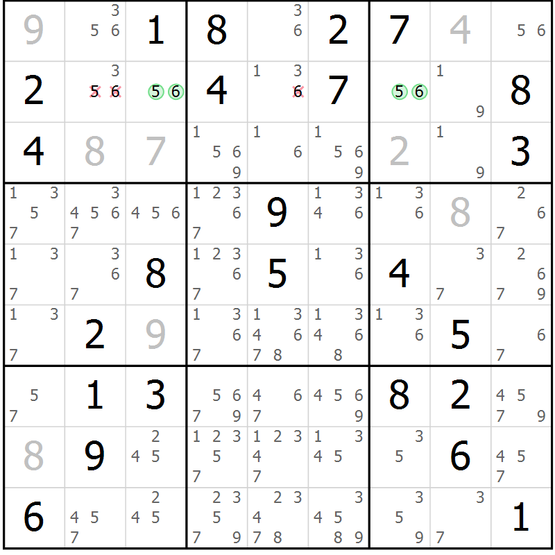 Position des candidats pour la solution de la Gr 76 page 79 du magazine de sudoku Virtuose n° 126