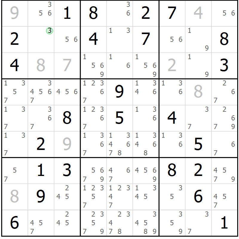 Position des candidats pour la solution de la Gr 76 page 79 du magazine de sudoku Virtuose n° 126