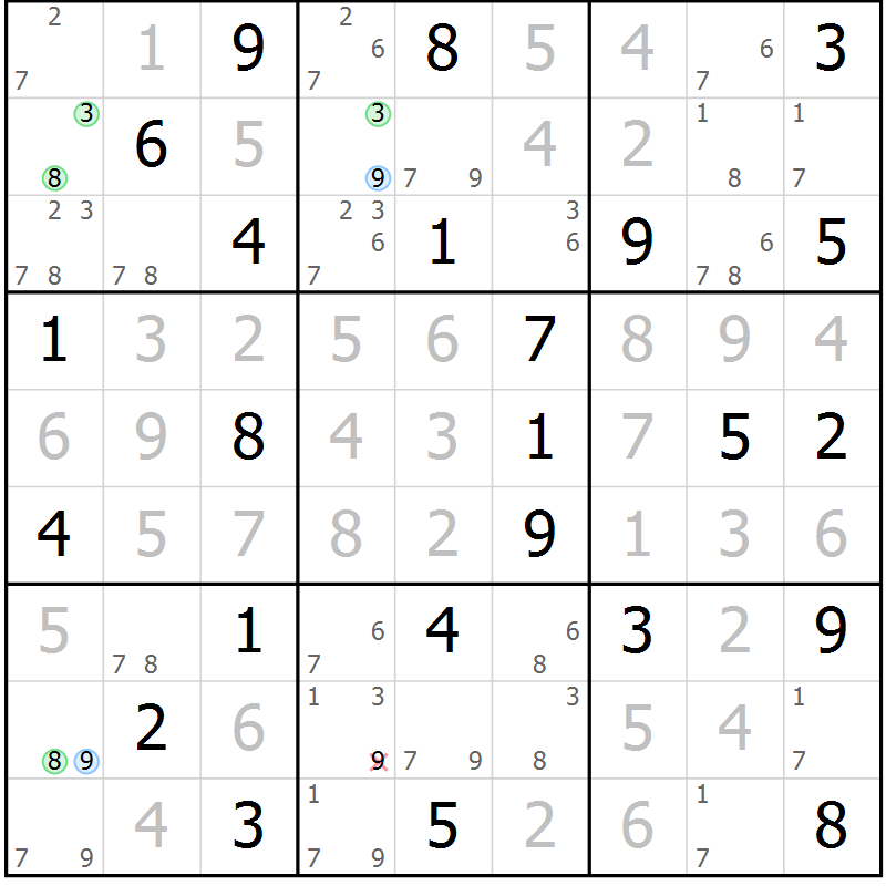 Position des candidats pour la solution de la Gr 77 page 80 du magazine de sudoku Virtuose n° 126