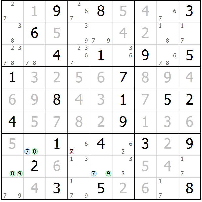 Position des candidats pour la solution de la Gr 77 page 80 du magazine de sudoku Virtuose n° 126