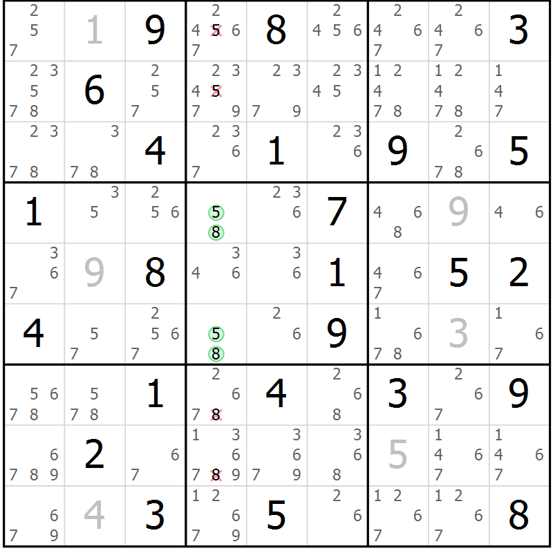Position des candidats pour la solution de la Gr 77 page 80 du magazine de sudoku Virtuose n° 126