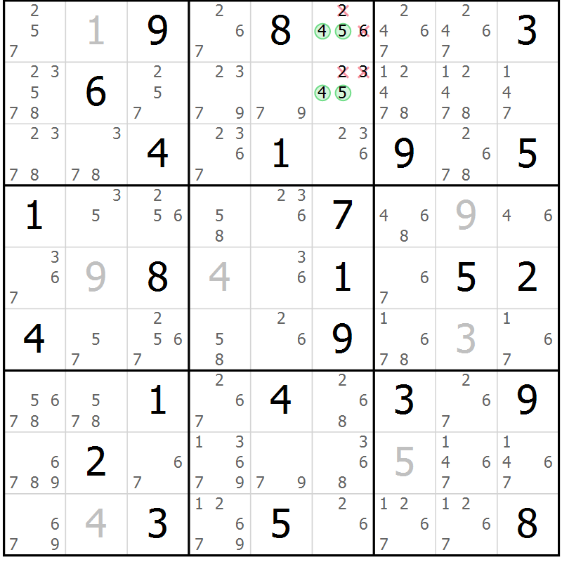 Position des candidats pour la solution de la Gr 77 page 80 du magazine de sudoku Virtuose n° 126