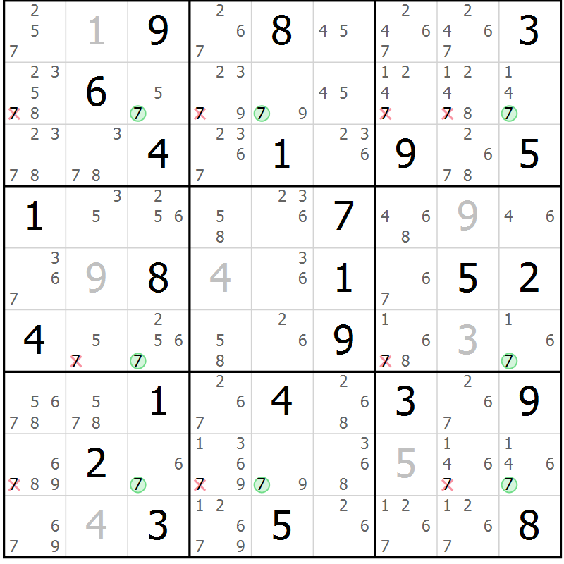 Position des candidats pour la solution de la Gr 77 page 80 du magazine de sudoku Virtuose n° 126
