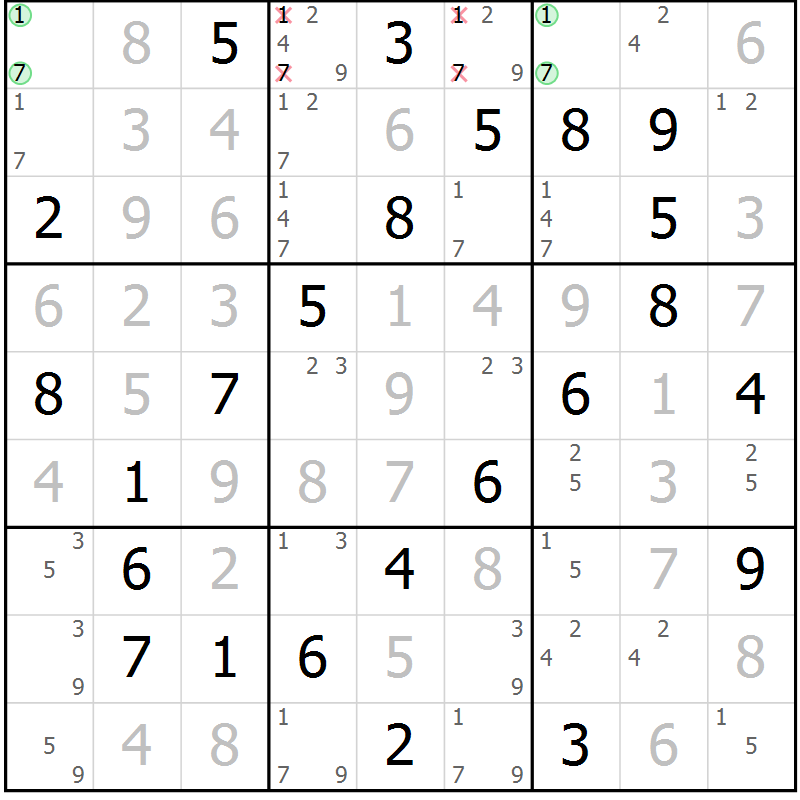 Position des candidats pour la solution de la Gr 78 page 81 du magazine de sudoku Virtuose n° 126