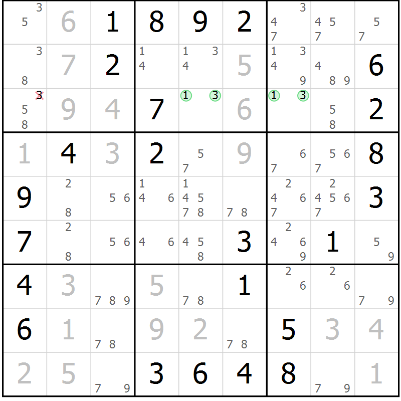 Position des candidats pour la solution de la Gr 79 page 82 du magazine de sudoku Virtuose n° 126