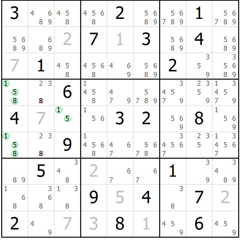 Position des candidats pour la solution de la Gr 8 page 11 du magazine de sudoku Virtuose n° 126