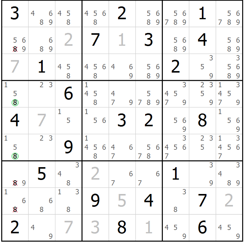 Position des candidats pour la solution de la Gr 8 page 11 du magazine de sudoku Virtuose n° 126