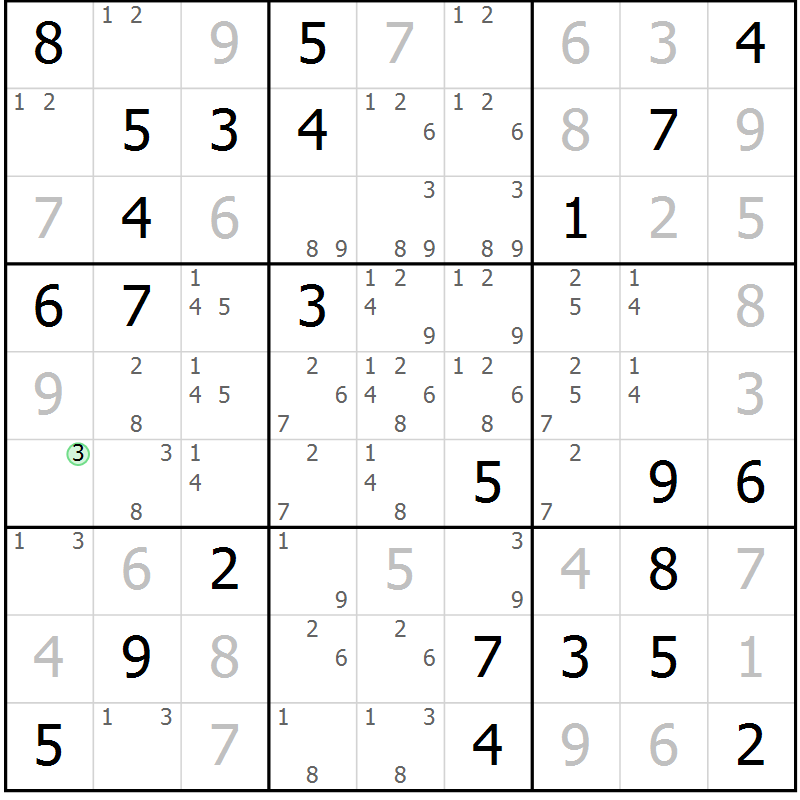Position des candidats pour la solution de la Gr 80 page 83 du magazine de sudoku Virtuose n° 126