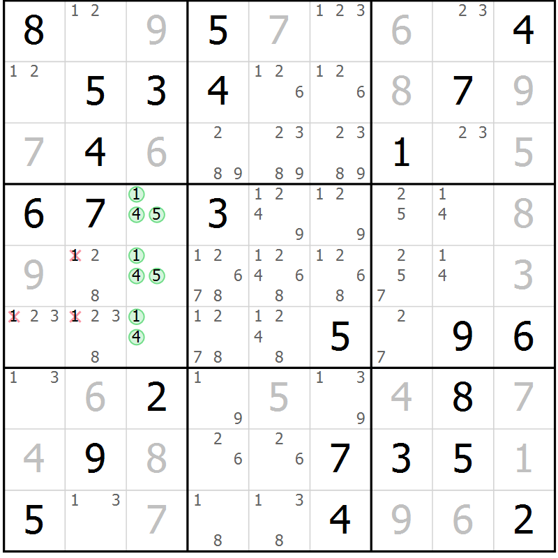 Position des candidats pour la solution de la Gr 80 page 83 du magazine de sudoku Virtuose n° 126