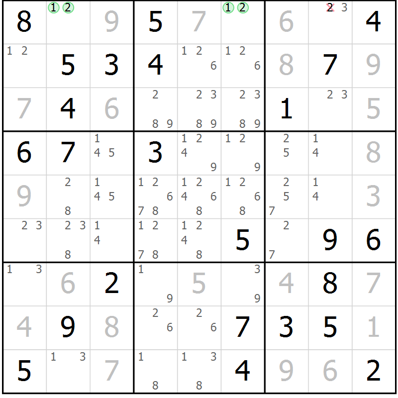 Position des candidats pour la solution de la Gr 80 page 83 du magazine de sudoku Virtuose n° 126