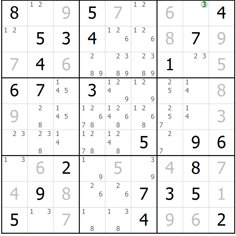 Position des candidats pour la solution de la Gr 80 page 83 du magazine de sudoku Virtuose n° 126