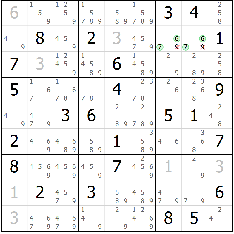 Position des candidats pour la solution de la Gr 81 page 84 du magazine de sudoku Virtuose n° 126