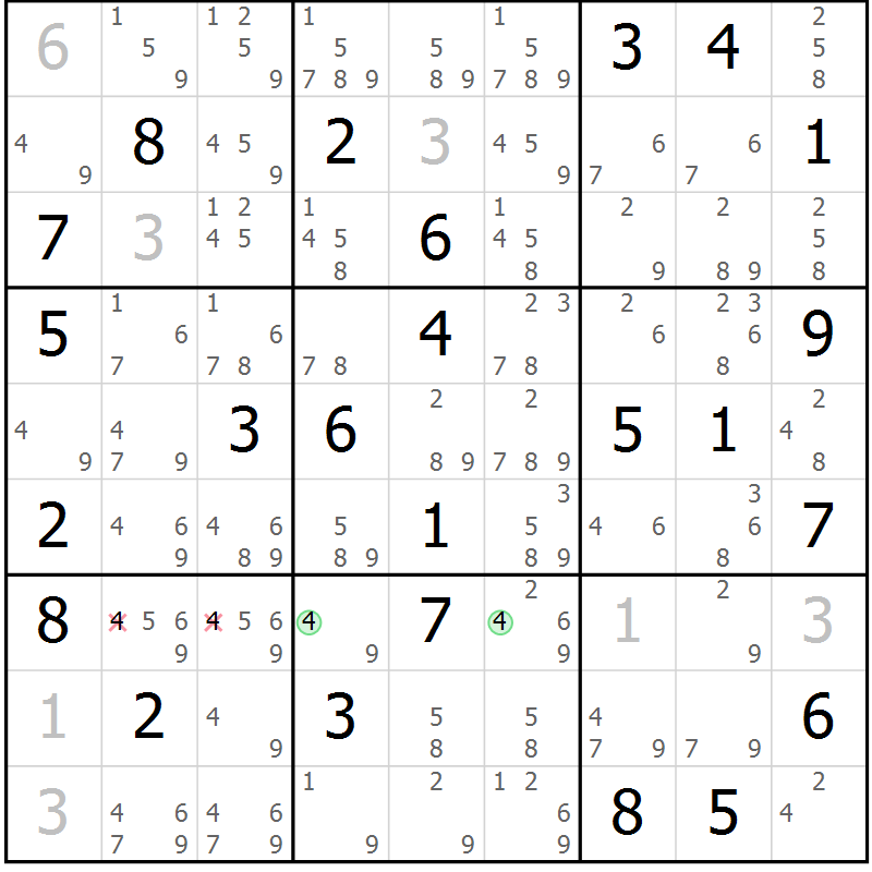 Position des candidats pour la solution de la Gr 81 page 84 du magazine de sudoku Virtuose n° 126