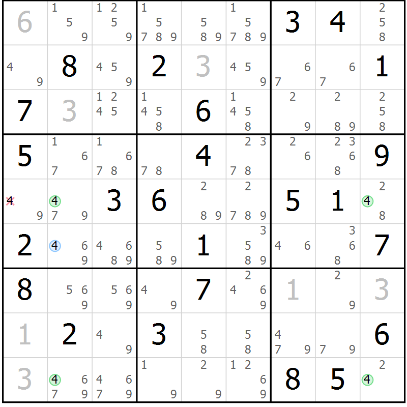 Position des candidats pour la solution de la Gr 81 page 84 du magazine de sudoku Virtuose n° 126