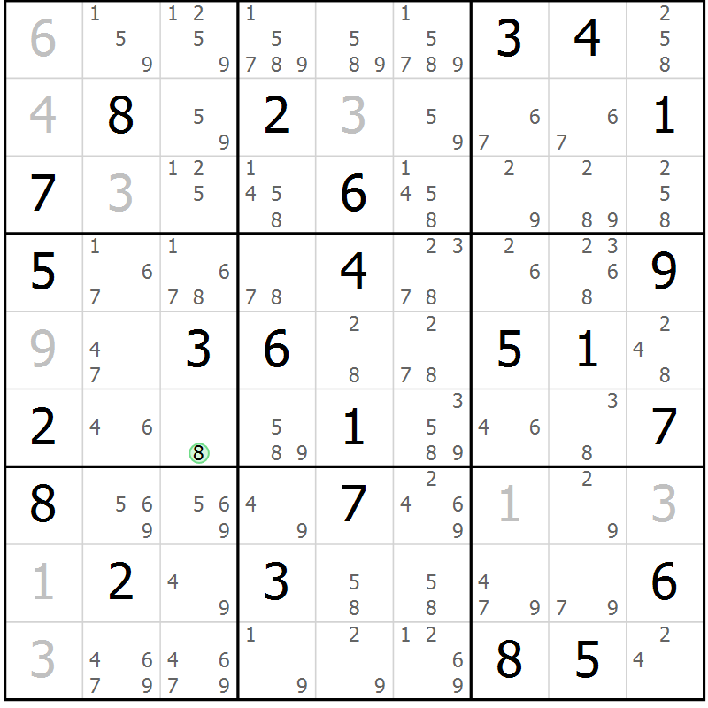 Position des candidats pour la solution de la Gr 81 page 84 du magazine de sudoku Virtuose n° 126