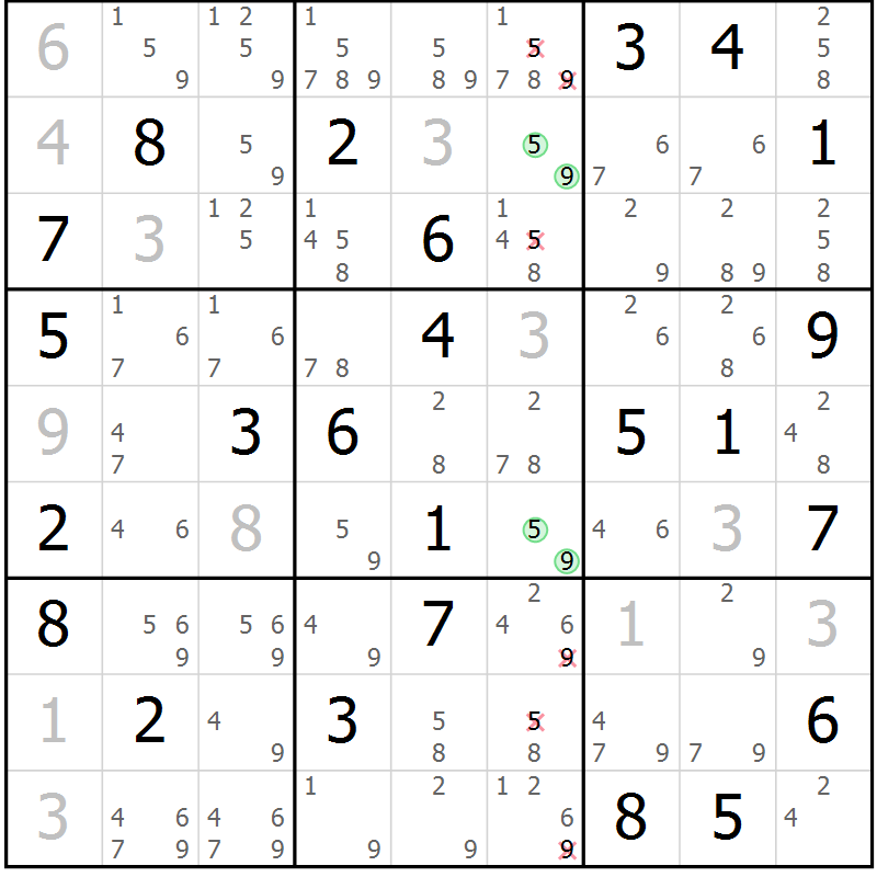 Position des candidats pour la solution de la Gr 81 page 84 du magazine de sudoku Virtuose n° 126