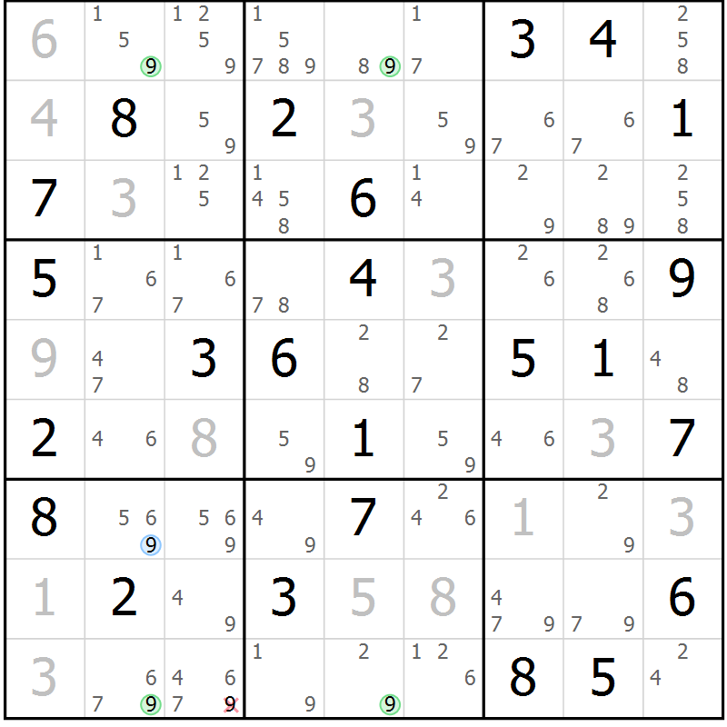 Position des candidats pour la solution de la Gr 81 page 84 du magazine de sudoku Virtuose n° 126