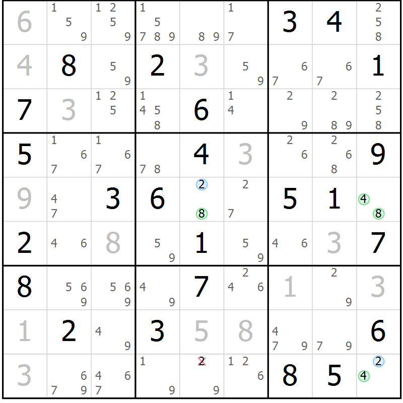 Position des candidats pour la solution de la Gr 81 page 84 du magazine de sudoku Virtuose n° 126