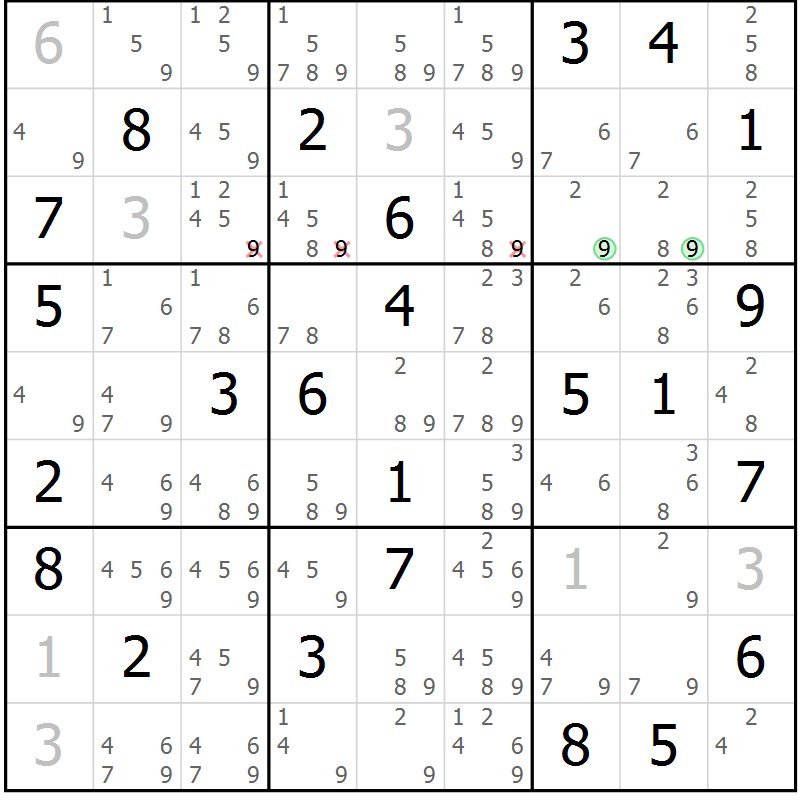 Position des candidats pour la solution de la Gr 81 page 84 du magazine de sudoku Virtuose n° 126