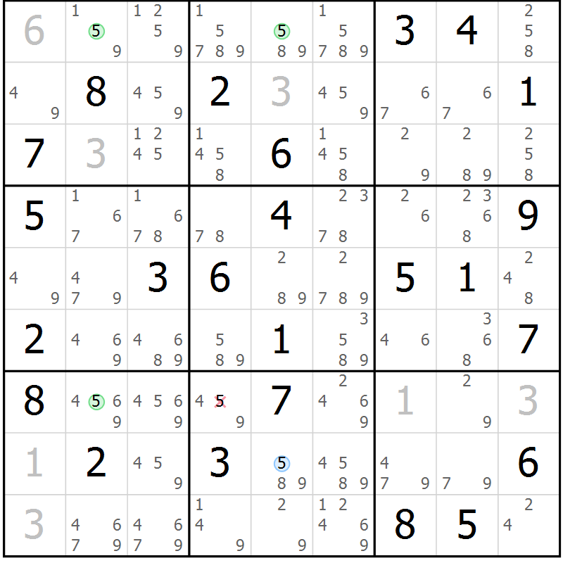 Position des candidats pour la solution de la Gr 81 page 84 du magazine de sudoku Virtuose n° 126