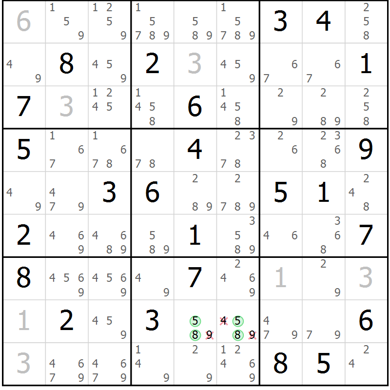 Position des candidats pour la solution de la Gr 81 page 84 du magazine de sudoku Virtuose n° 126