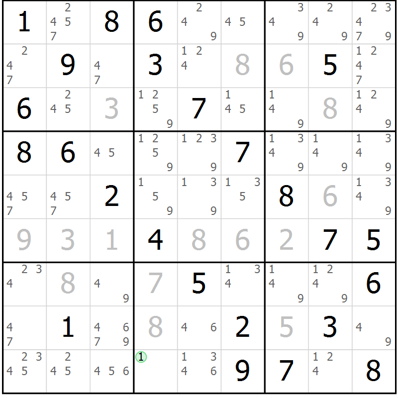 Position des candidats pour la solution de la Gr 82 page 85 du magazine de sudoku Virtuose n° 126