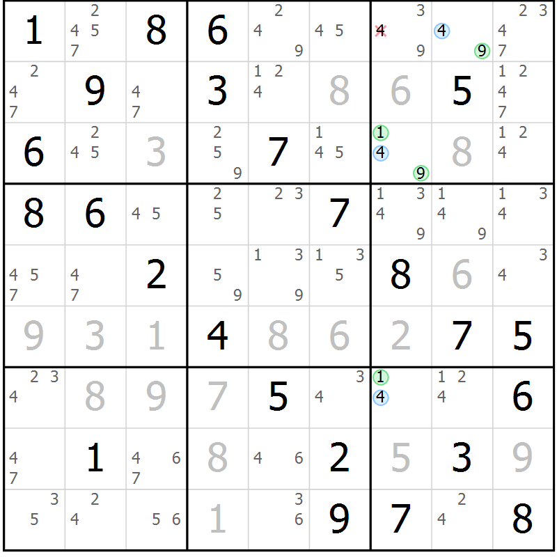 Position des candidats pour la solution de la Gr 82 page 85 du magazine de sudoku Virtuose n° 126