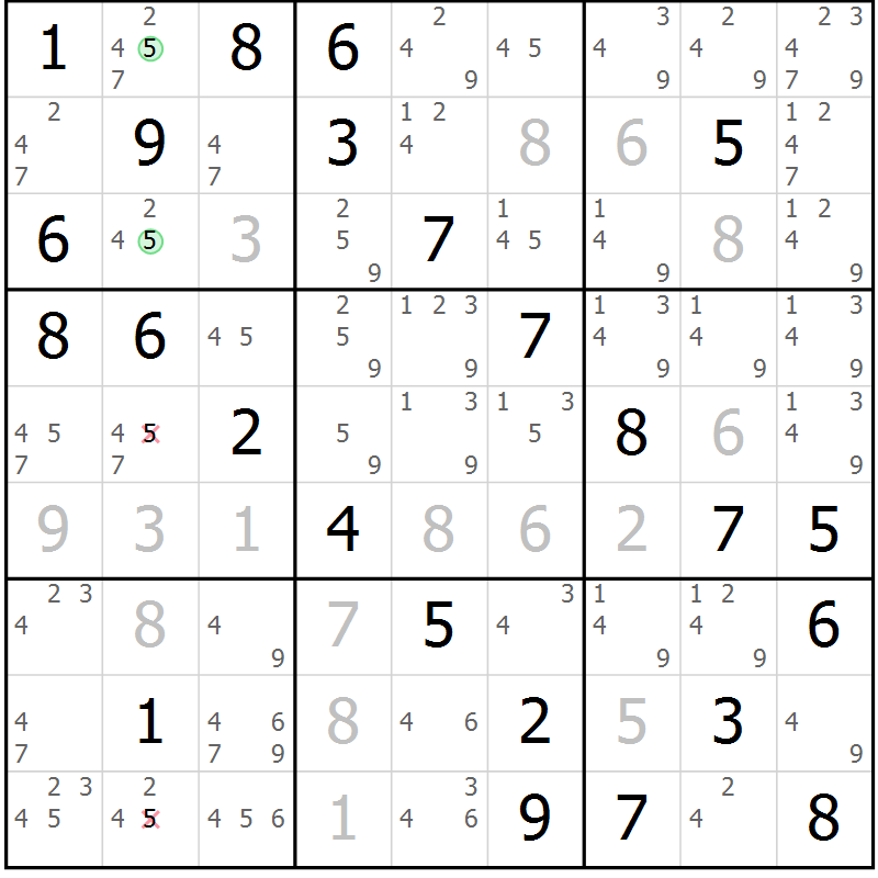 Position des candidats pour la solution de la Gr 82 page 85 du magazine de sudoku Virtuose n° 126