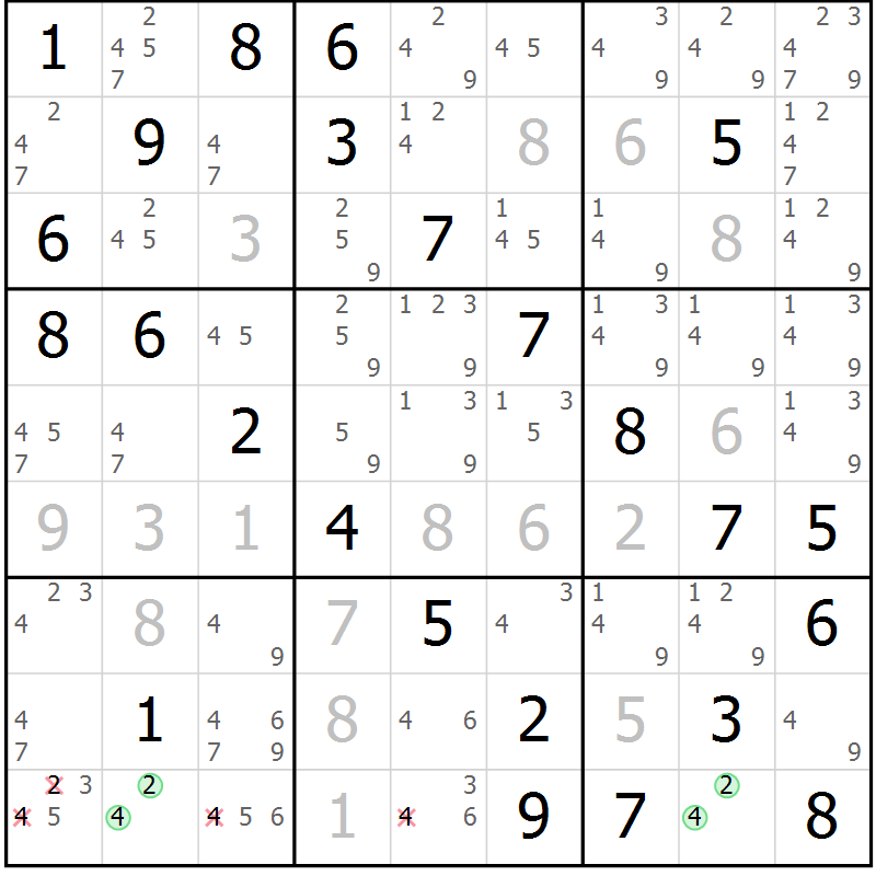 Position des candidats pour la solution de la Gr 82 page 85 du magazine de sudoku Virtuose n° 126