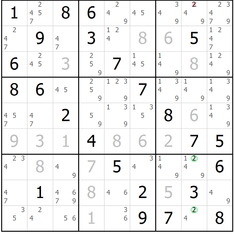 Position des candidats pour la solution de la Gr 82 page 85 du magazine de sudoku Virtuose n° 126