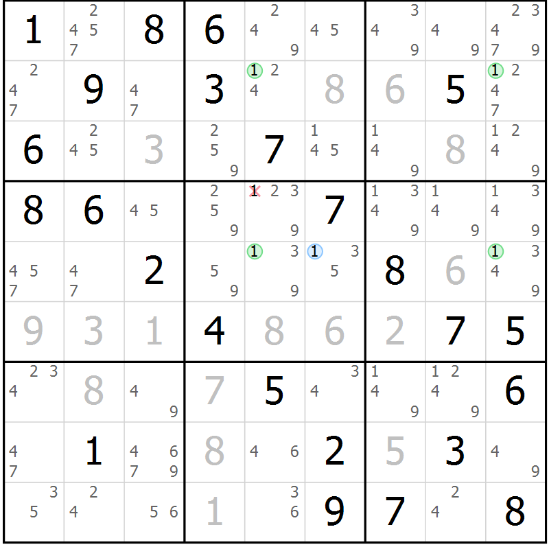 Position des candidats pour la solution de la Gr 82 page 85 du magazine de sudoku Virtuose n° 126