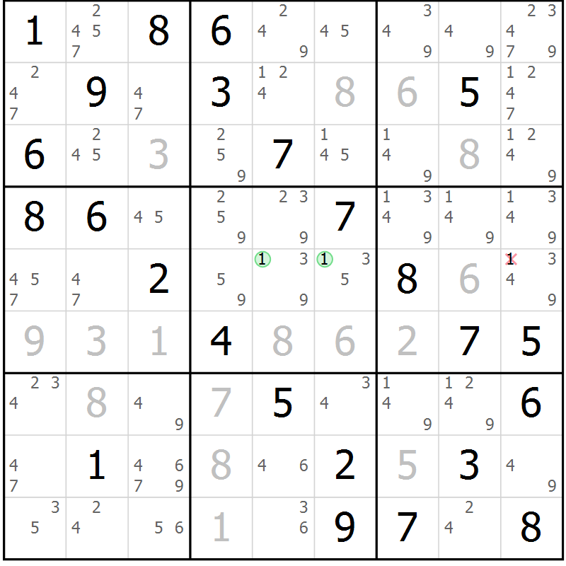 Position des candidats pour la solution de la Gr 82 page 85 du magazine de sudoku Virtuose n° 126