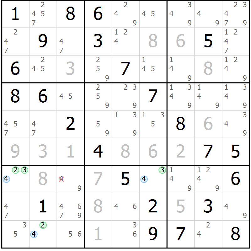 Position des candidats pour la solution de la Gr 82 page 85 du magazine de sudoku Virtuose n° 126