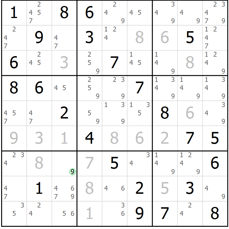 Position des candidats pour la solution de la Gr 82 page 85 du magazine de sudoku Virtuose n° 126