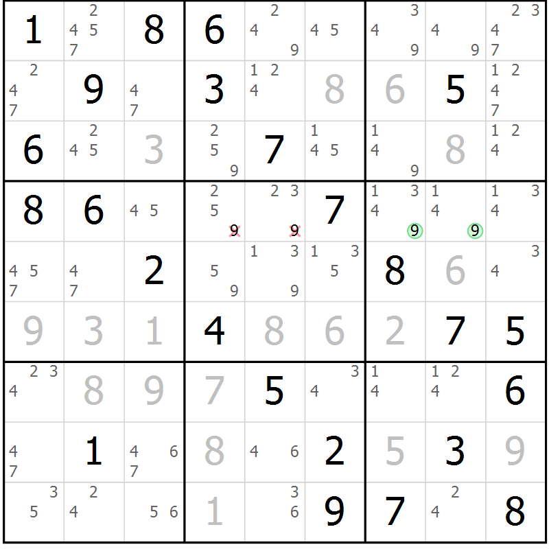 Position des candidats pour la solution de la Gr 82 page 85 du magazine de sudoku Virtuose n° 126