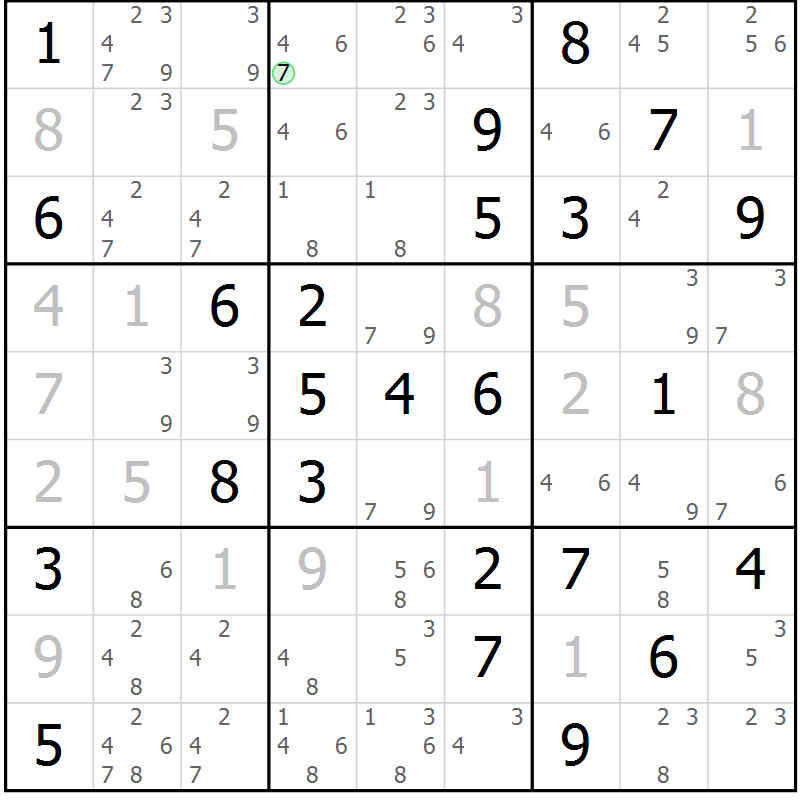 Position des candidats pour la solution de la Gr 84 page 87 du magazine de sudoku Virtuose n° 126