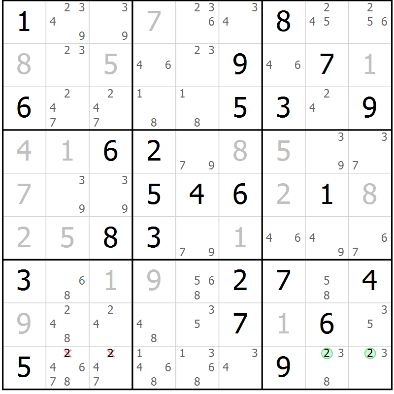 Position des candidats pour la solution de la Gr 84 page 87 du magazine de sudoku Virtuose n° 126