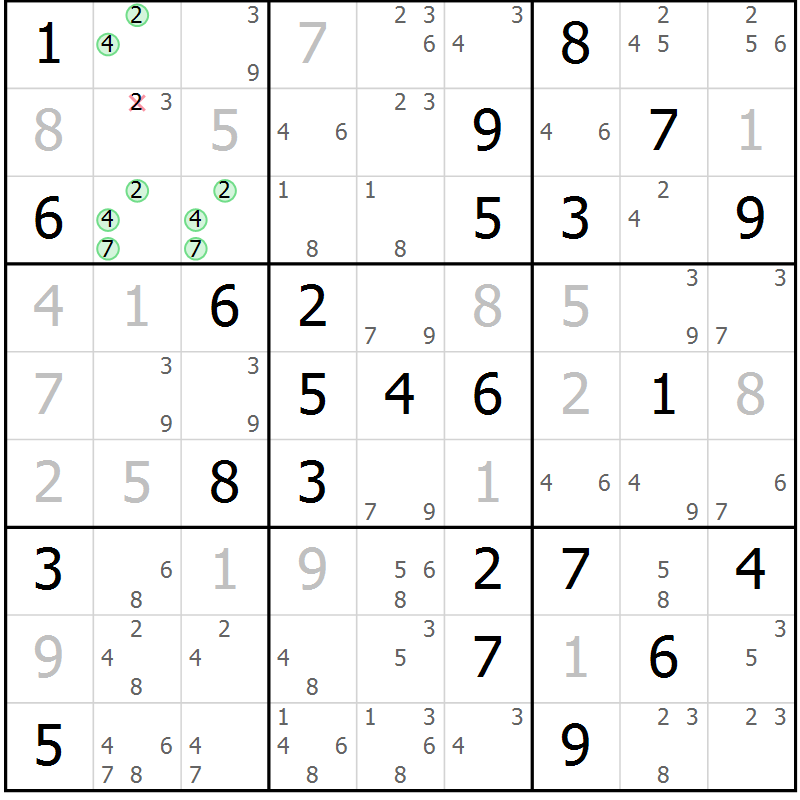 Position des candidats pour la solution de la Gr 84 page 87 du magazine de sudoku Virtuose n° 126