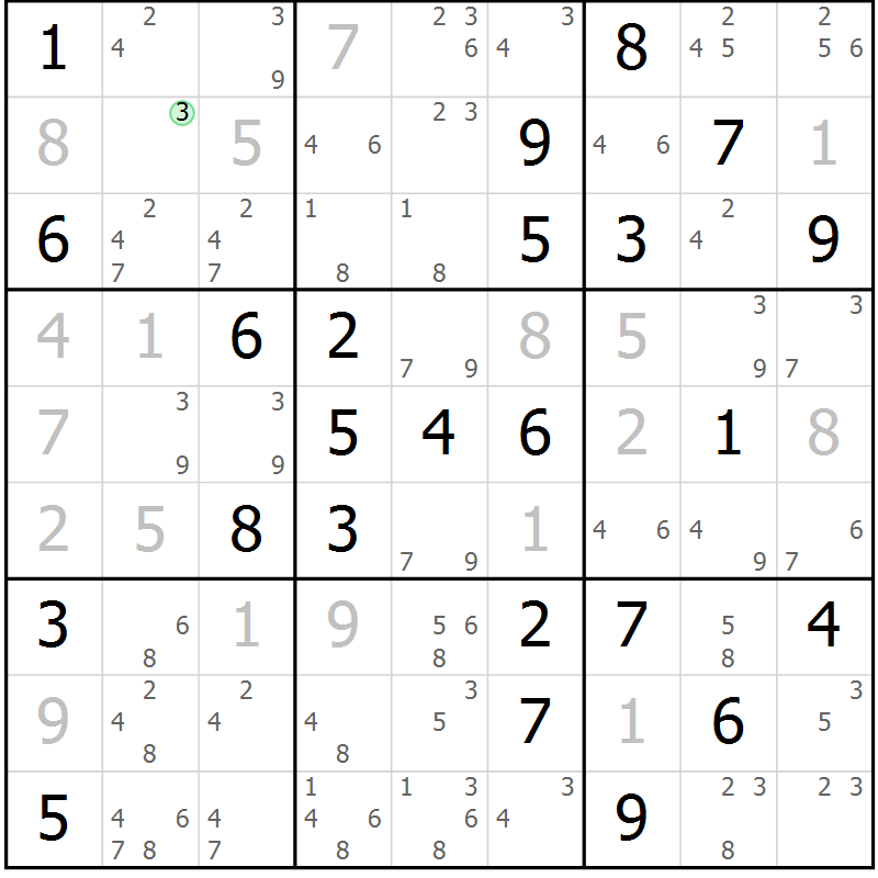 Position des candidats pour la solution de la Gr 84 page 87 du magazine de sudoku Virtuose n° 126