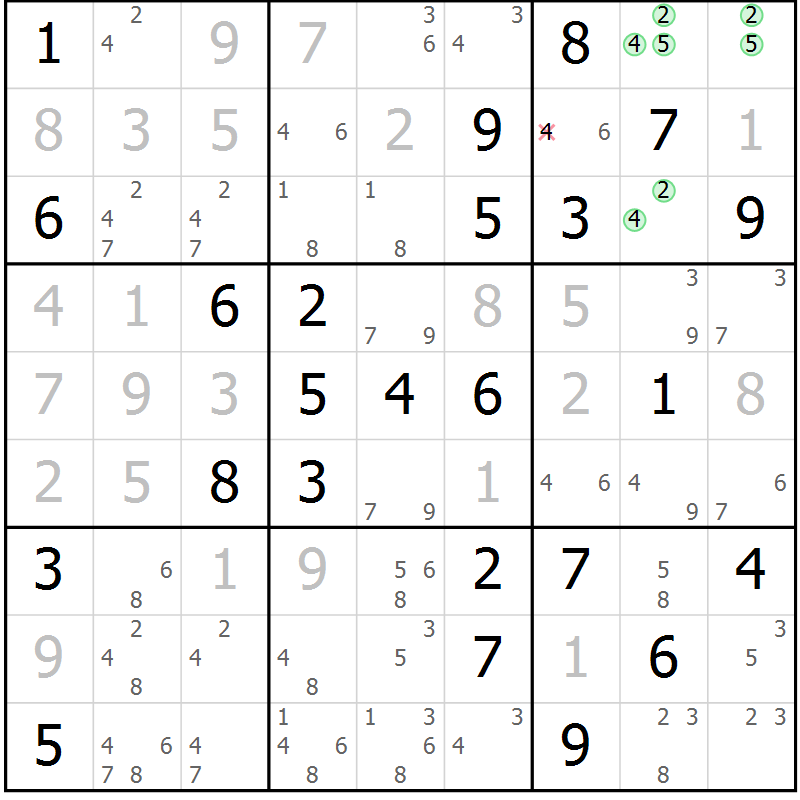 Position des candidats pour la solution de la Gr 84 page 87 du magazine de sudoku Virtuose n° 126