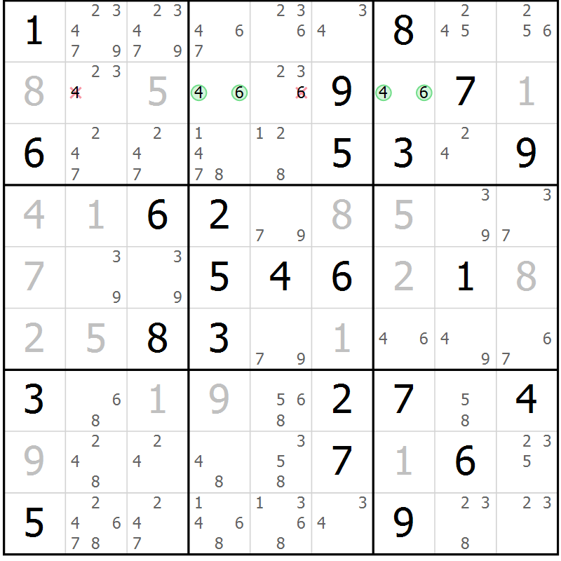 Position des candidats pour la solution de la Gr 84 page 87 du magazine de sudoku Virtuose n° 126