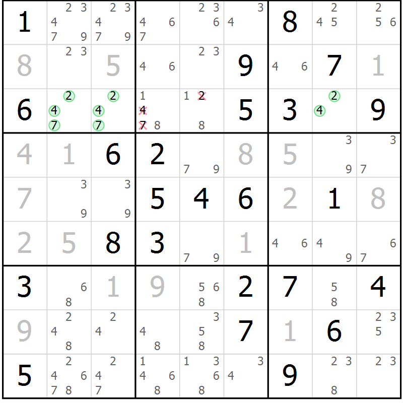 Position des candidats pour la solution de la Gr 84 page 87 du magazine de sudoku Virtuose n° 126